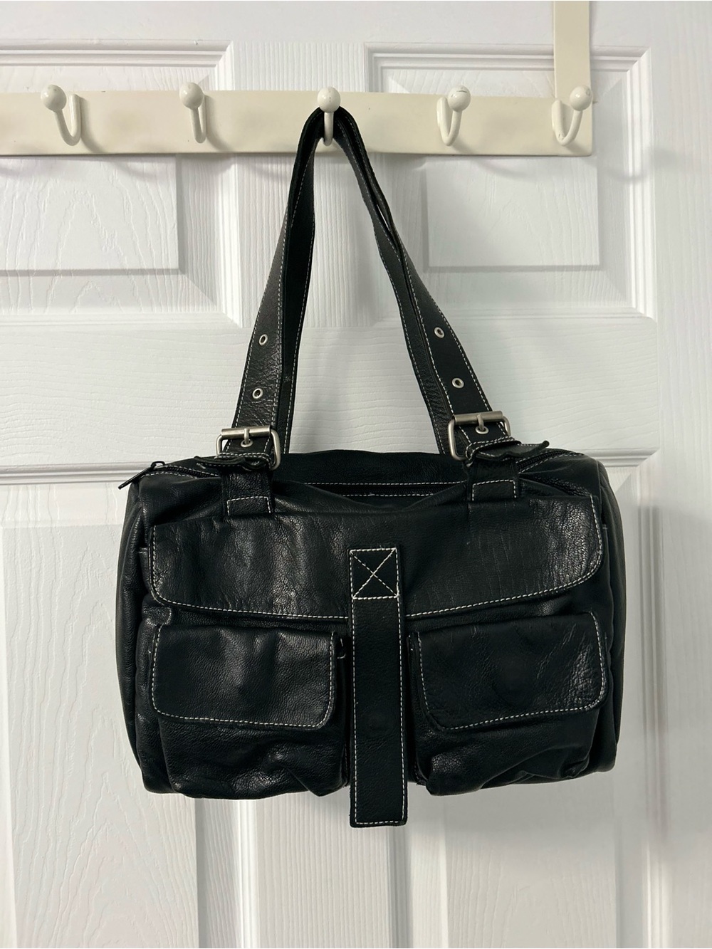Roots Black Leather Satchel with White Stitching
